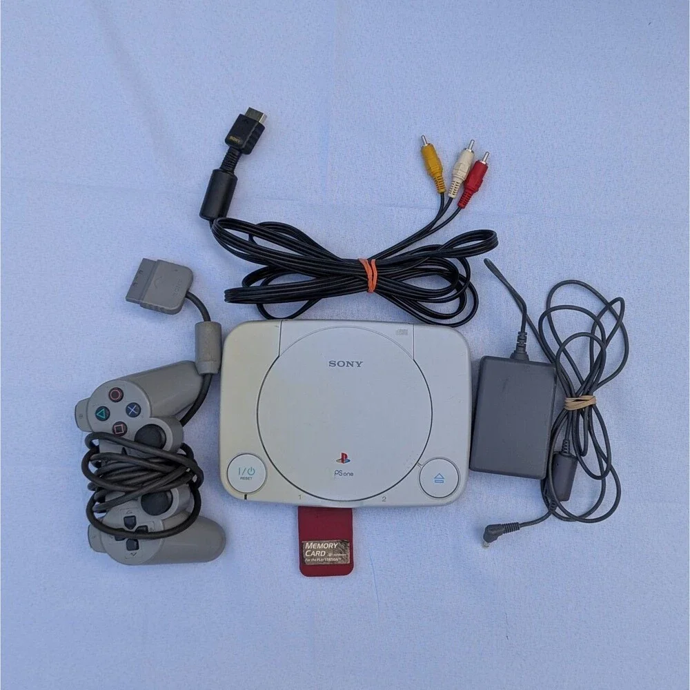 Sony PSone Slim PS1 Console Controller AV Cables AC Power Adapter M Card Working